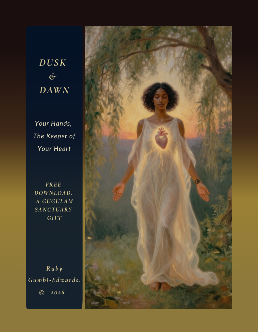 Gugulam Sanctuary Protocol — Your Hands, The Keeper of Your Heart — front cover showing a woman embodying shadow and light